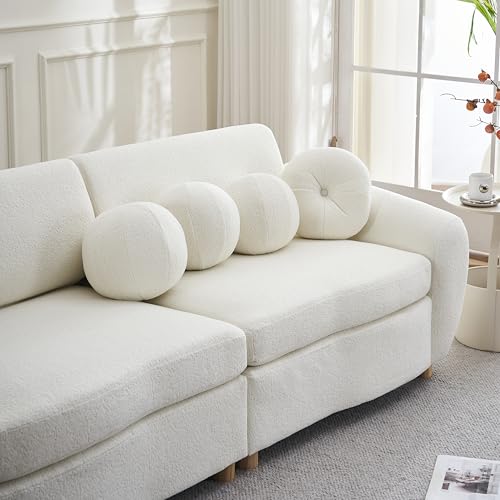 87.7" Luxury Modern Curved Sofa , Soft Comfy Teddy Fabric Upholstered Couches with 5 Decorative Throw Pillows, Solid Wood Structure and Legs ,Loveseat Sofa & Couch for Living Room/Office/Apartment