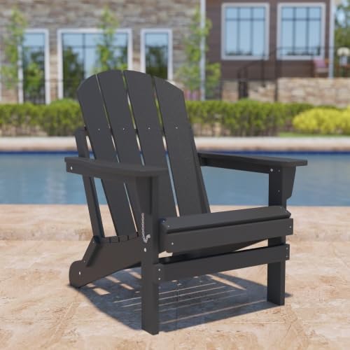 Folding Adirondack Chair, Modern Patio Outdoor Chairs, HDPE Plastic Resin Deck Chair, Painted Weather Resistant, for Deck, Garden, Backyard & Lawn Furniture, Fire Pit, Porch Seating (Black)