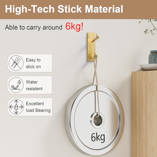 pickpiff Self Adhesive Hooks, Extra Sticky 10LB (Max), Heavy Duty Stainless, Stick On Wall and Door Hooks for Hanging, Bathroom Towel Hooks and Coat Hooks, Robe Hook Wall Mounted, Gold, 4 Pack