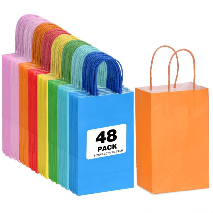 48 Pack Small Gift Bags with 8 colors Kraft Paper,5.25 * 3.25 * 8.25 Inch Party Favor Bags with Handles for Kids Birthday, Wedding and Celebrations,Party Supplies and Gifts