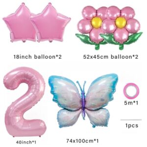 2nd Birthday Decorations Butterfly Balloon,Pink Blue Butterfly Fairy Floral Foil Balloons for Girl 2 Years Old Birthday Party Decorations Baby Shower Supplies…