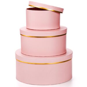 Coloch 3 Pcs Round Gift Boxes with Lid, Pink Flower Box with Golden Rim Nested Party Favor Boxes for Flower Arrangement, Birthday, Wedding,Valentine's Day, Anniversary, Pink, Small, Medium, Large