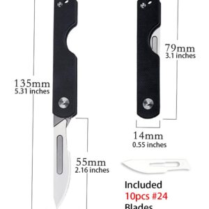 TENCHILON TG31 Compact Classic Slip Joint Scalpel Folding Pocket Knife, 10pcs #24 Replaceable Blade, 3.1 inches G10 Handle with Lanyard, Utility EDC Keychain Box Cutter (Black)