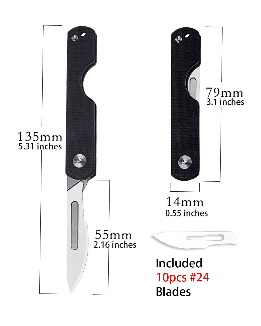 TENCHILON TG31 Compact Classic Slip Joint Scalpel Folding Pocket Knife, 10pcs #24 Replaceable Blade, 3.1 inches G10 Handle with Lanyard, Utility EDC Keychain Box Cutter (Black)