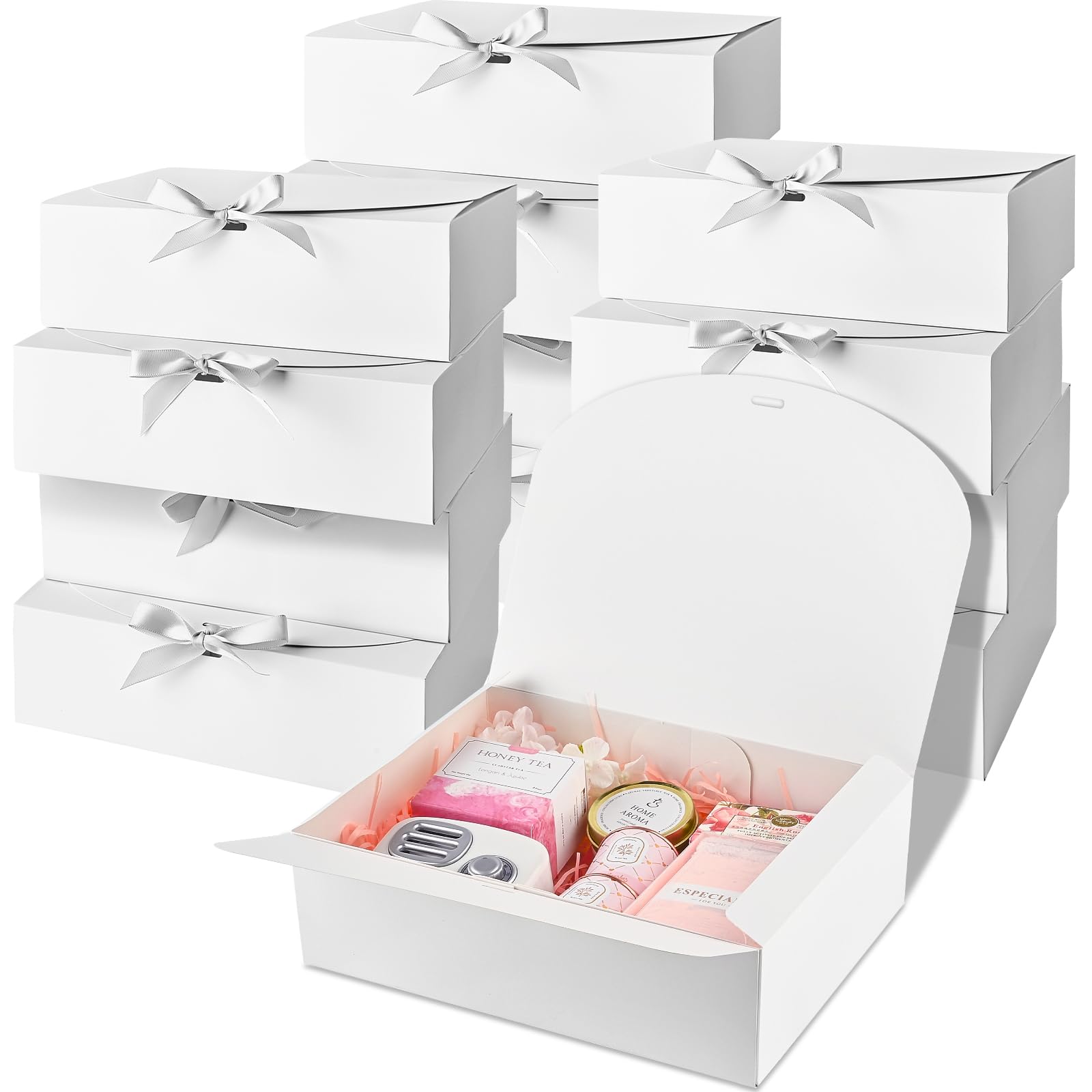 Ocmoiy 12 Pack Gift Boxes with Lids, 10.6x7.8x3.1 Inch White Paper Gift Box with Ribbon, Bridesmaid Proposal Box for Wedding, Packaging, Baby Shower, Birthday, Christmas, Party, Present Crafting