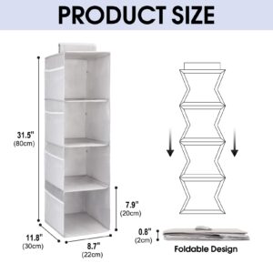 PetsHome 4-Shelf Hanging Closet Organizer, Space Saver, Closet Hanging Storage Shelves with Mesh Pockets & Magic Tap for Storage, Foldable-Grey