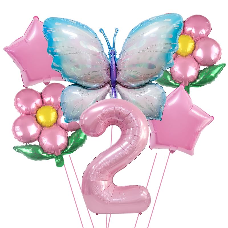 2nd Birthday Decorations Butterfly Balloon,Pink Blue Butterfly Fairy Floral Foil Balloons for Girl 2 Years Old Birthday Party Decorations Baby Shower Supplies…