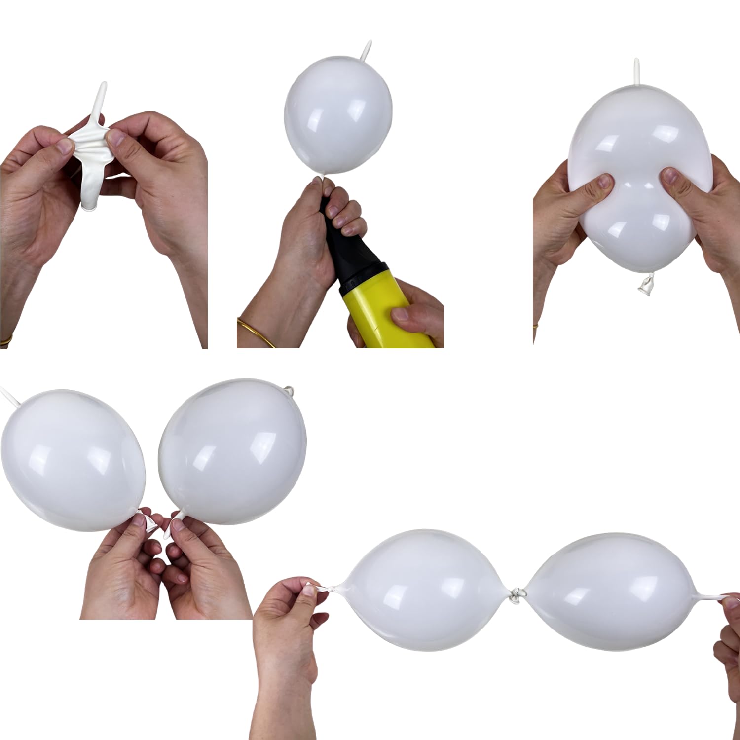 Link Balloons, 100Pcs 6inch White Latex Balloons with Linkable Needle Tail Connected for BIrthday/Wedding/Baby Shower Decoration (white, 6")