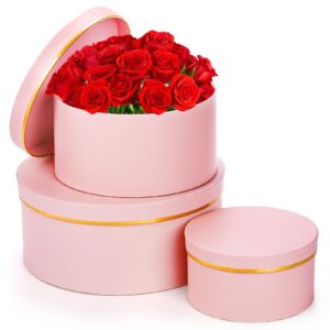 coloch 3 pcs round gift boxes with lid, pink flower box with golden rim nested party favor boxes for flower arrangement, birthday, wedding,valentine's day, anniversary, pink, small, medium, large