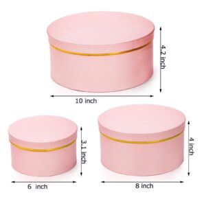 Coloch 3 Pcs Round Gift Boxes with Lid, Pink Flower Box with Golden Rim Nested Party Favor Boxes for Flower Arrangement, Birthday, Wedding,Valentine's Day, Anniversary, Pink, Small, Medium, Large