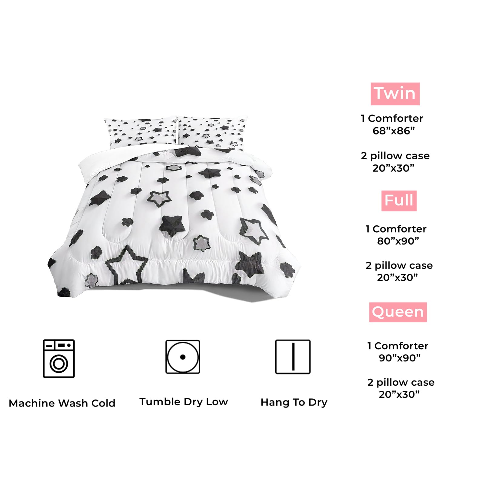 Balen Bear Kids Cartoon Star Comforter Set Twin Size, Black and Grey Stars Print Quilt Set,Bedding Set for Kids Teens Boys Girls Room Decor All Season