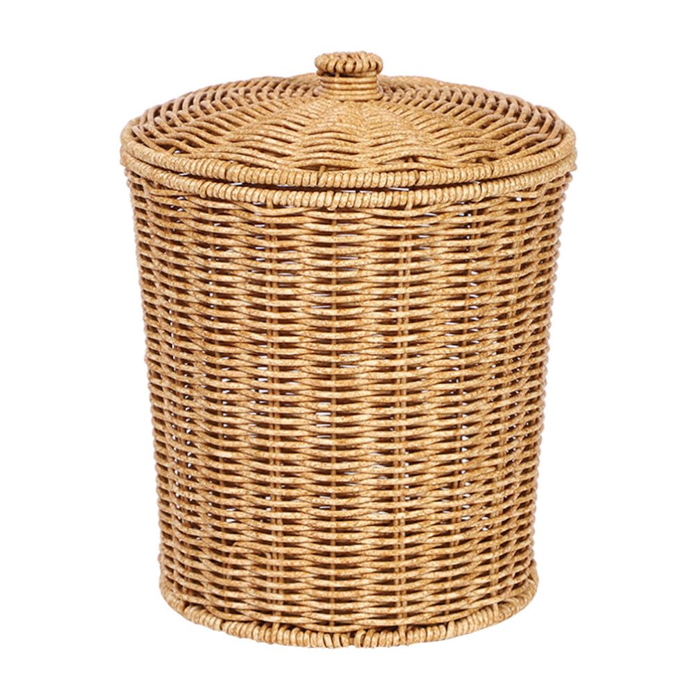 Cabilock Rattan Round Waste Basket with Lid Woven Trash Can Wastebasket Garbage Container Bins Flower Plant Pot Laundry Baskets for Bathroom Kitchen Office Living Room Home Decor