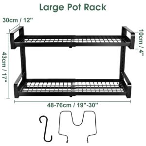 30" Expandable Hanging Pot Rack, 2 Tier Adjustable Pot and Pan Rack for Kitchen Organizers and Storage, Heavy Duty Pot and Pan Organizer, Wall Mounted Pot Lid Organizer for Pots and Pans with 10 Hooks