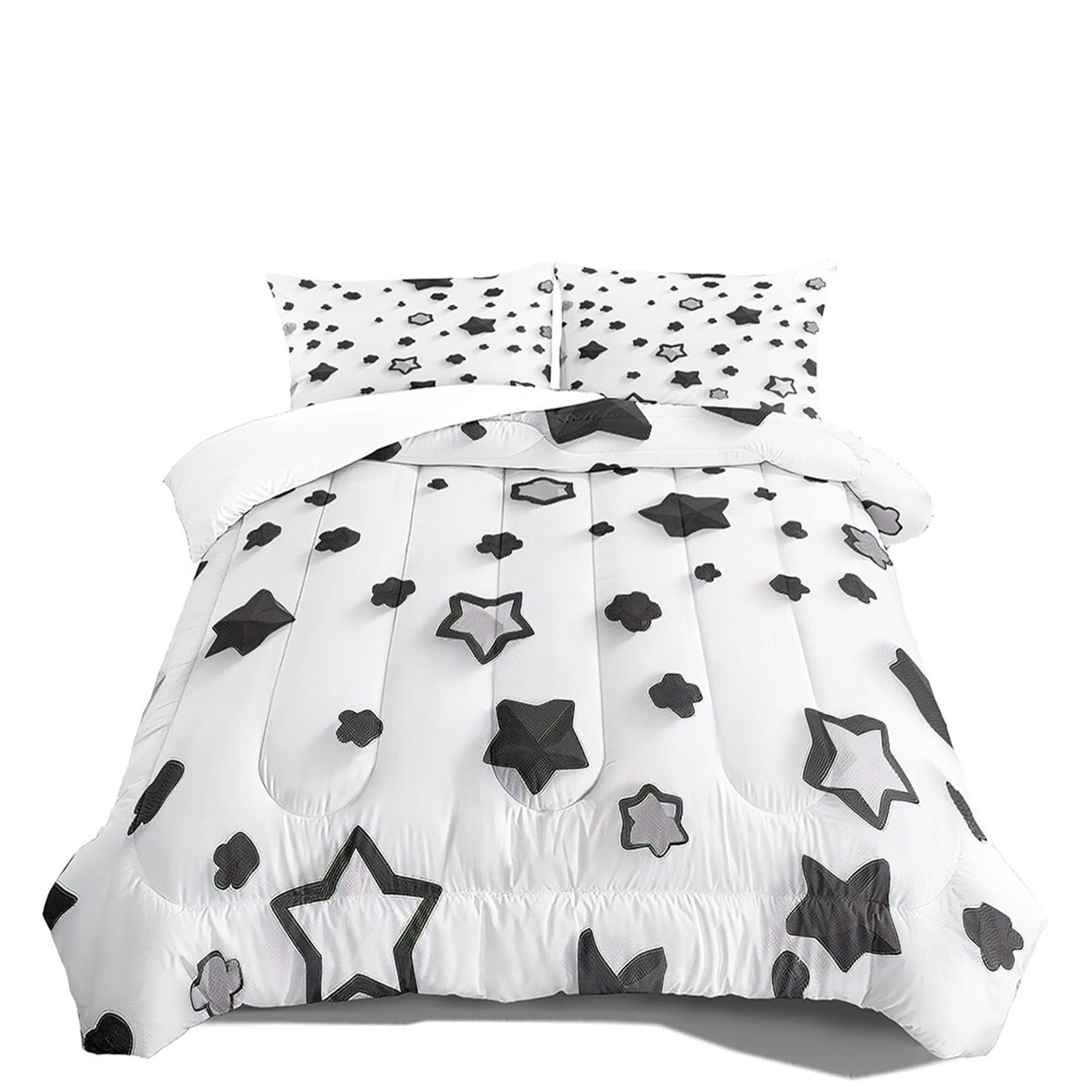 Balen Bear Kids Cartoon Star Comforter Set Twin Size, Black and Grey Stars Print Quilt Set,Bedding Set for Kids Teens Boys Girls Room Decor All Season