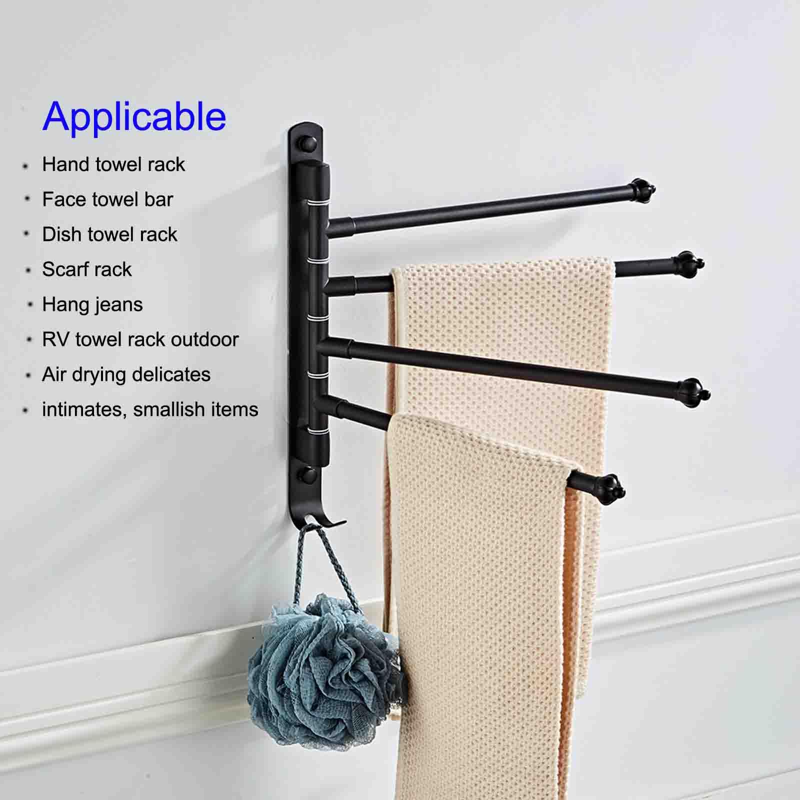 OURVII Swivel Towel Rack 4 Tier Face Towel Bar 12 Inch Bathroom Door Towel Rack Drying Rack for Towels Socks Wall Towel Racks (Stainless Steel, Black 4-Arm)