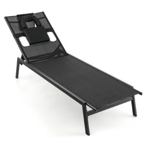 giantex patio chaise lounge chair - outdoor lounge chaise with face hole, detachable head pillows, 5-position adjustable tanning chair for poolside, yard, deck, outside sunbathing chair (1, black)