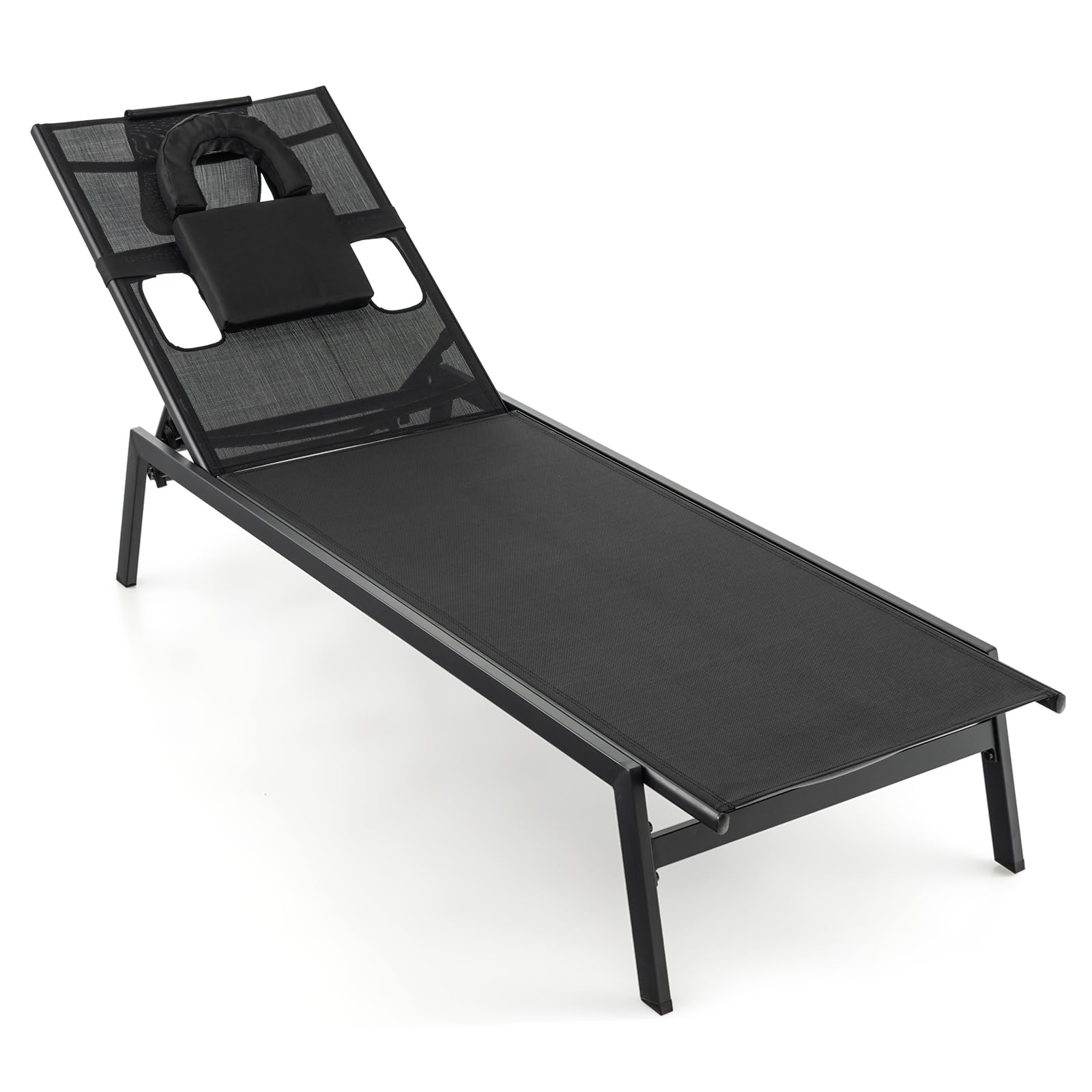 Giantex Patio Chaise Lounge Chair - Outdoor Lounge Chaise with Face Hole, Detachable Head Pillows, 5-Position Adjustable Tanning Chair for Poolside, Yard, Deck, Outside Sunbathing Chair (1, Black)