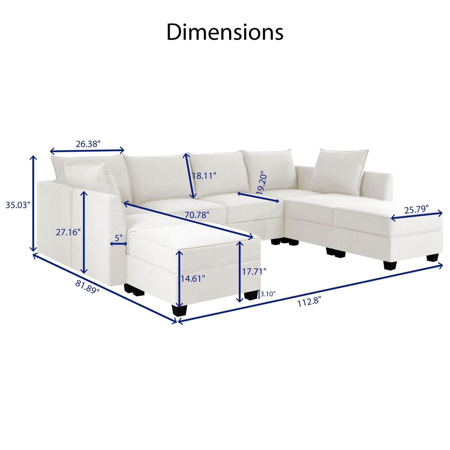 Naomi Home Elizabeth Oversized Sectional Sofa with Chaise Modern Sleeper Modular Sofa Couch U Shaped Sofa Sectional for Living Room - L Shaped Couch, Modular Sofa - White