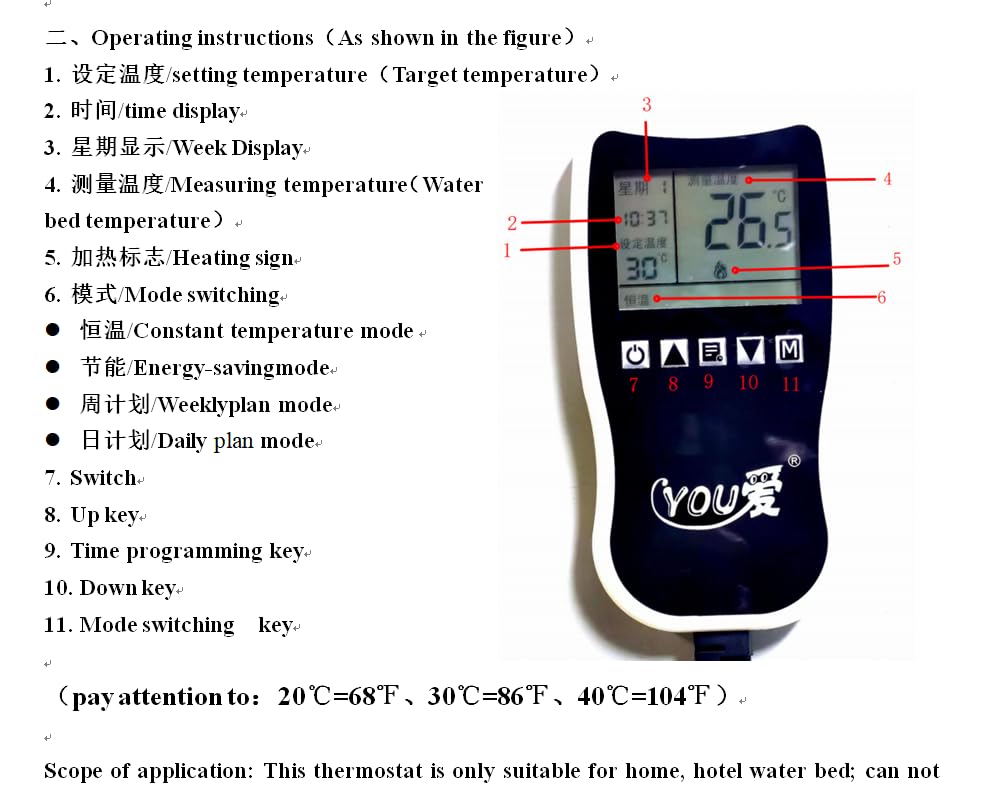 250 W Waterbed Heater - Safe and Durable Softside Waterbed Heater with Lcd Display, Multi-mode Adjustable Smart Thermostat