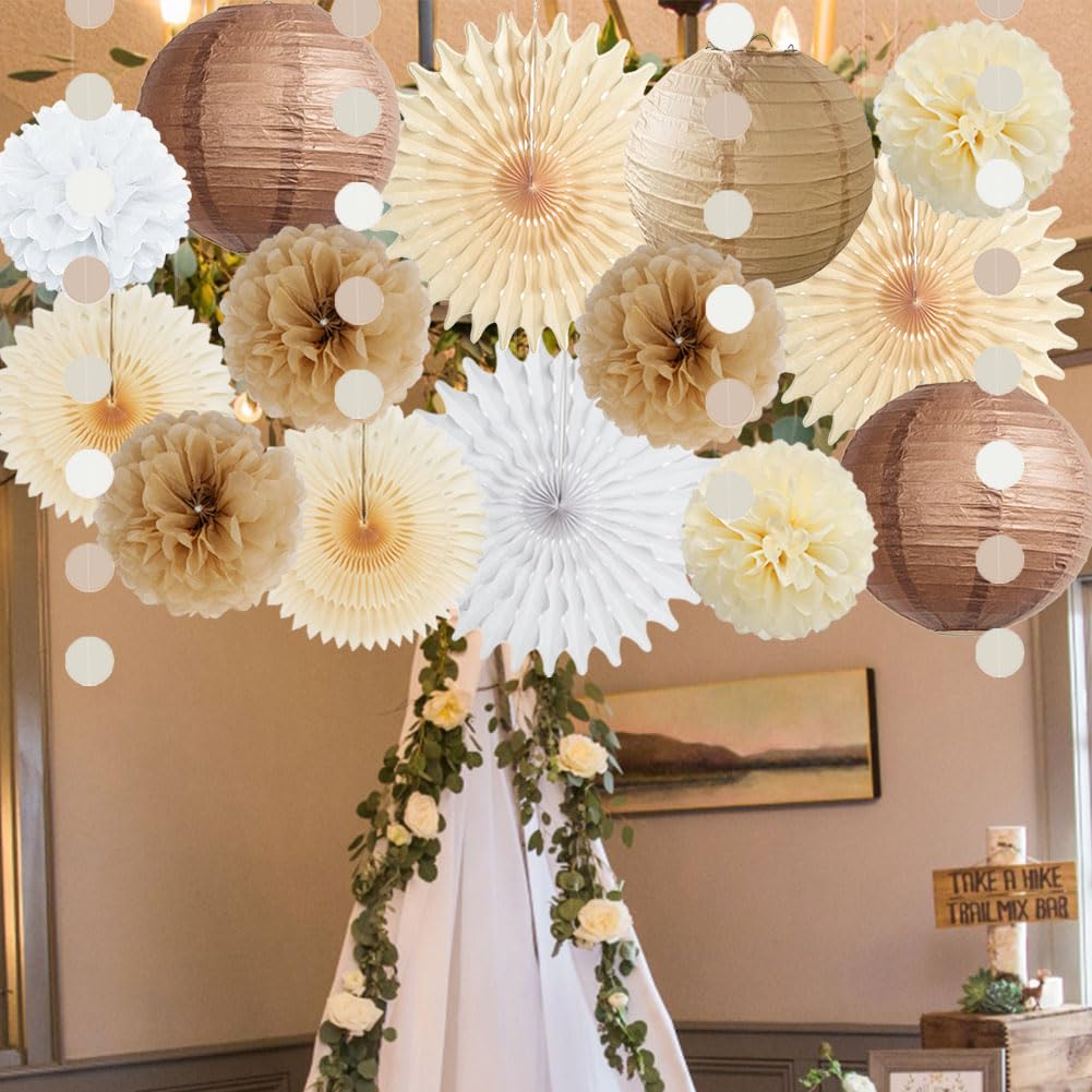 Neutral Party Decorations Boho Brown and Cream Party Decorations Tan Brown Paper Lanterns Fans Beige White Pom Poms with Circle Garland for Rustic Baby Shower Bridal Shower Birthday Wedding Engagement