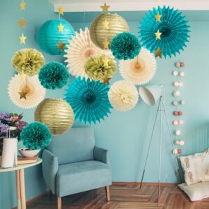 Teal and Gold Party Decorations Teal Blue Paper Lanterns Pom Poms Paper Fans Cream Teal Party Decorations with Gold Star Garland for Teal Gold Birthday Baby Shower Wedding Engagement Graduation Party