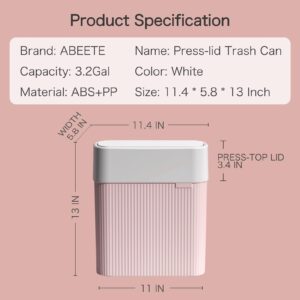 ABEETE Bathroom Trash Can with Lid, 12L Small Plastic Garbage Can for Kitchen with Press Top Lid, 3.2 Gallon Slim Dog Proof Wastebasket Trash Bin for Office, Bedroom, Living Room, Home Cabinet-Pink