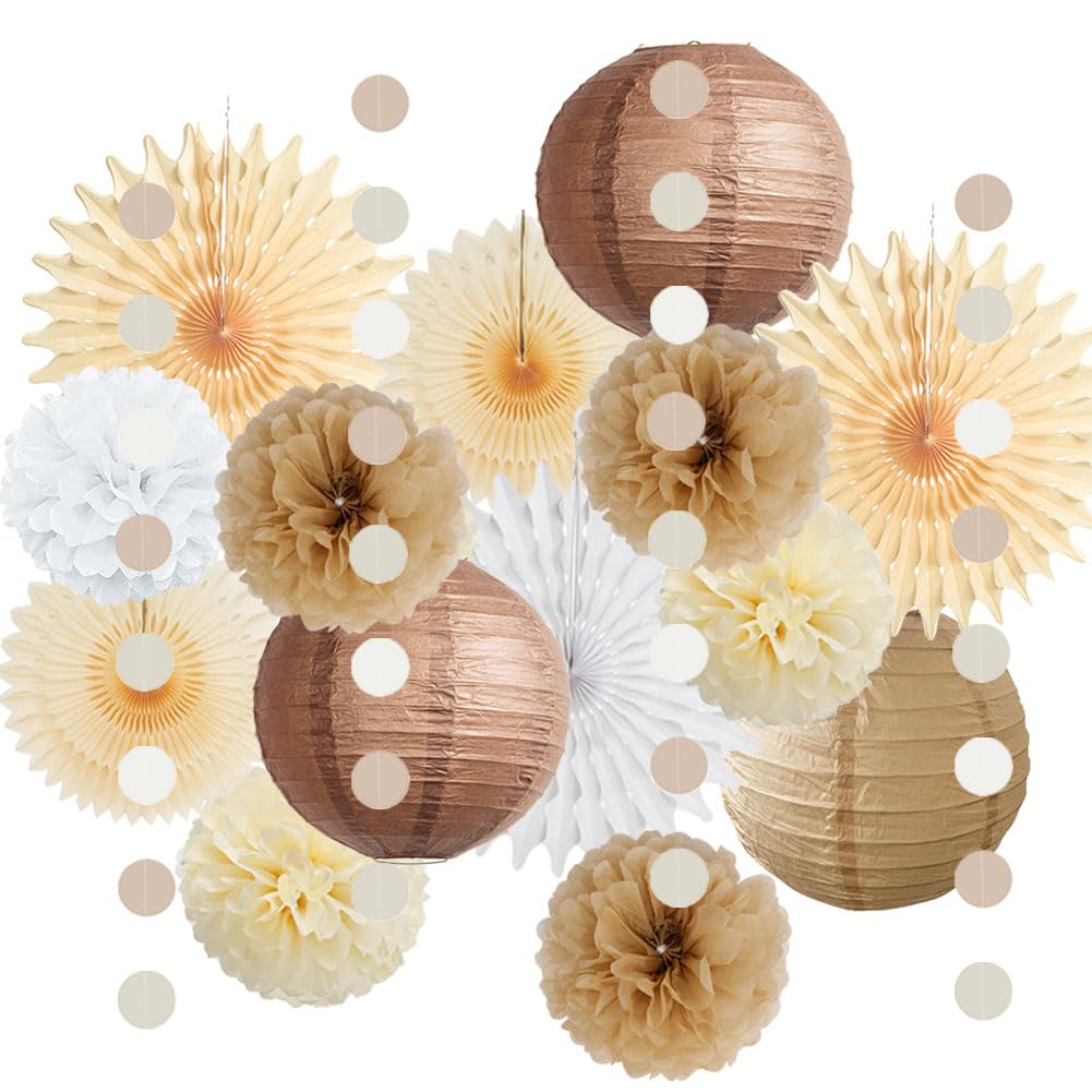 Neutral Party Decorations Boho Brown and Cream Party Decorations Tan Brown Paper Lanterns Fans Beige White Pom Poms with Circle Garland for Rustic Baby Shower Bridal Shower Birthday Wedding Engagement