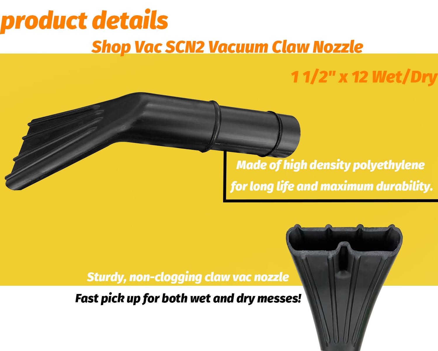 Wet/Dry Vacuum Claw Nozzle 2" x 12" Fits Auto Car Home Vehicle Interiors Boats and Campers Shop Vac Accessories SCN2