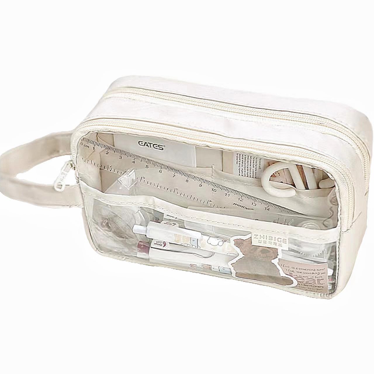 AuraGlor Clear Pencil Case Big Capacity Compartments Hold 100 Pens Large Pencil Pouch Pen Bag Box Holder Organizer Simple Storage Aesthetic Stationery Office Essentials (White)