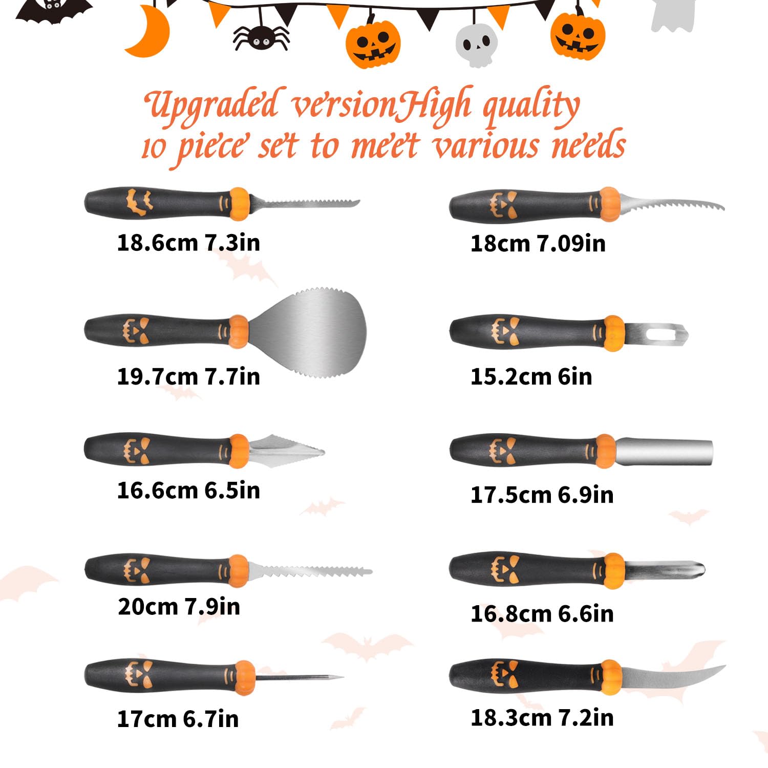 Halloween 10 Piece Pumpkin Carving Kit with Storage Bag, Stainless Steel Pumpkin Carving Tools Knife Set for Halloween Jack-O-Lantern DIY Decoration, Anti-Slip Rubber Handles,Gift for Halloween