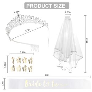 CIEHER Silver Tiara + Wedding Veil + Bride To Be Sash + Bachelorette Temporary Tattoos Set, Bachelorette Party Favors Bridal Shower Decorations