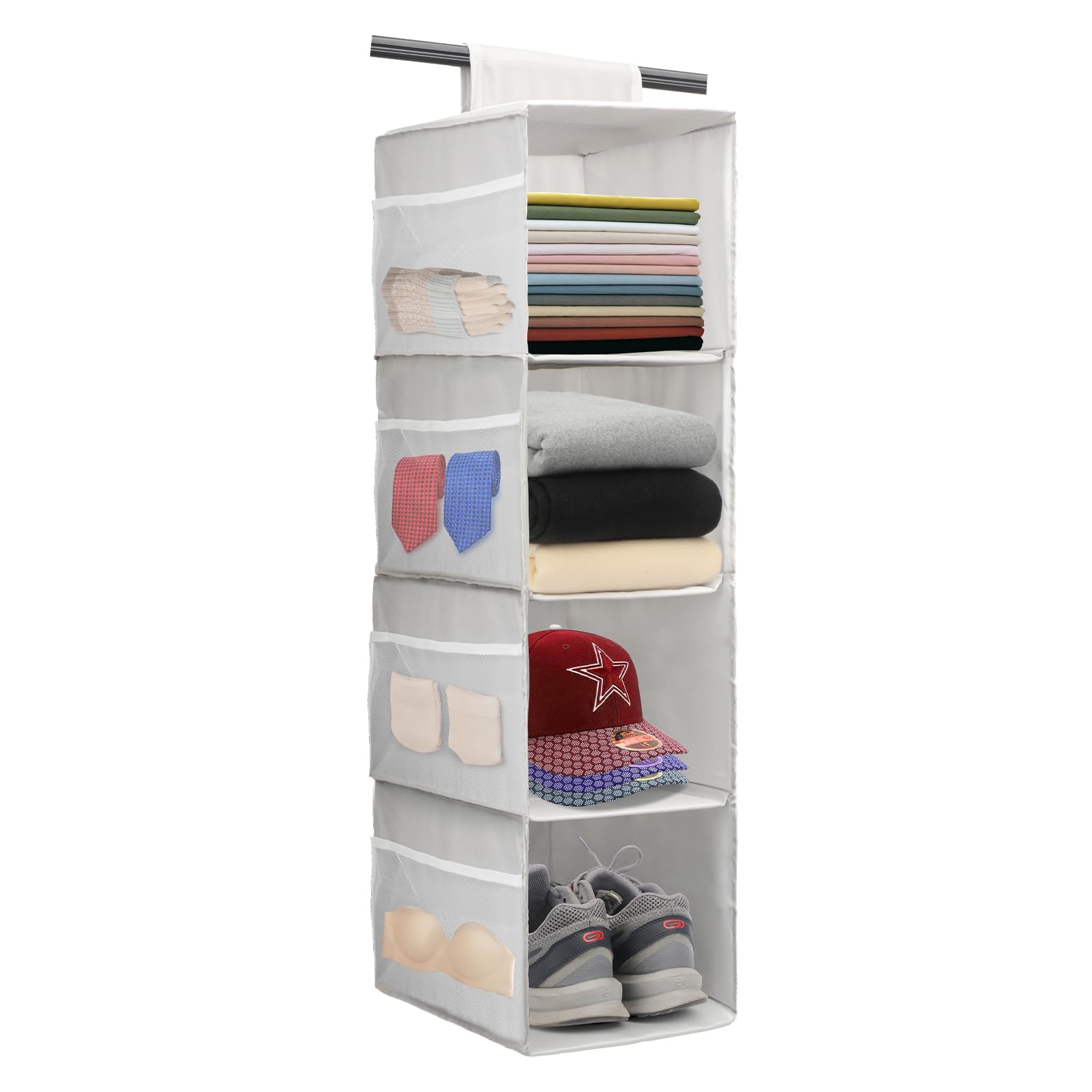 PetsHome 4-Shelf Hanging Closet Organizer, Space Saver, Closet Hanging Storage Shelves with Mesh Pockets & Magic Tap for Storage, Foldable-Grey