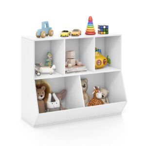 coouright toy storage with bookshelf, bookcase footboard, 5 cubby open wooden toy organizer, toy shelf, toy storage cabinet for playroom, bedroom, nursery, living room, hallway, kindergarten, school