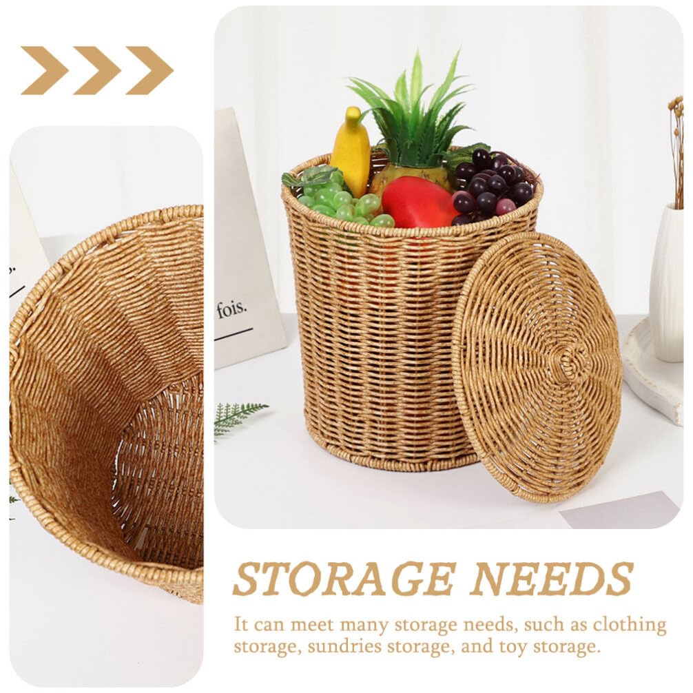 Cabilock Rattan Round Waste Basket with Lid Woven Trash Can Wastebasket Garbage Container Bins Flower Plant Pot Laundry Baskets for Bathroom Kitchen Office Living Room Home Decor