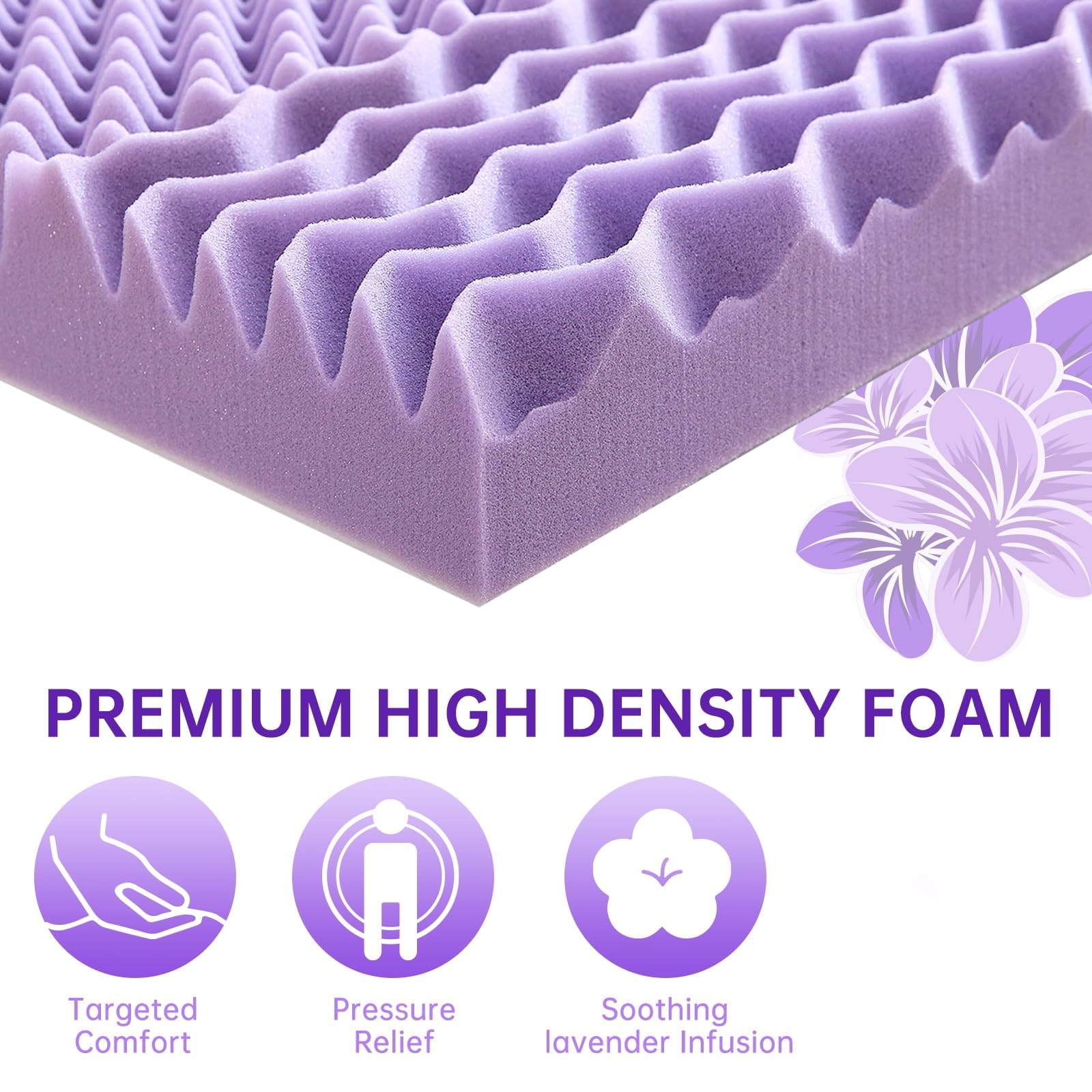 MUXHOMO 3 Inch 7-Zone Queen Mattress Topper, Egg Crate Foam Mattress Topper Queen Size for Back Pain, Lavender Cooling Gel Infused Mattress Pad, CertiPUR-US and Oeko-TEX Certification (60"×80")