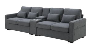 lumisol 4 seater upholstered sofa for living room, modern multifunctional sofa with storageable coffee table and 2 cupholders, linen fabric couches with 2 usb ports wired or wirelessly charged