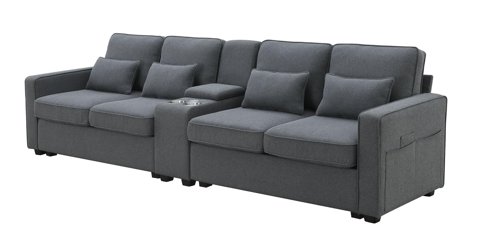 LUMISOL 4 Seater Upholstered Sofa for Living Room, Modern Multifunctional Sofa with Storageable Coffee Table and 2 Cupholders, Linen Fabric Couches with 2 USB Ports Wired or Wirelessly Charged