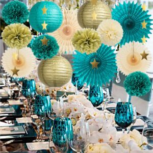 Teal and Gold Party Decorations Teal Blue Paper Lanterns Pom Poms Paper Fans Cream Teal Party Decorations with Gold Star Garland for Teal Gold Birthday Baby Shower Wedding Engagement Graduation Party