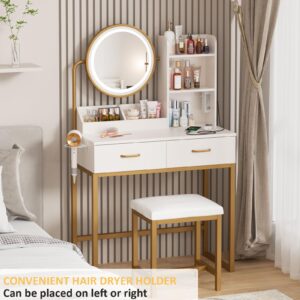 Makeup Vanity with Round Mirror and Lights, White Vanity Makeup Table with Charging Station, Small Vanity Table for Bedroom, 3 Lighting Modes, 31.5in(L)