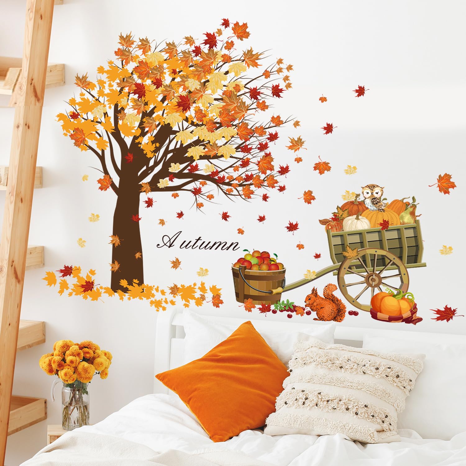 Fall Thanksgiving Wall Sticker Maple Leaves Wall Decals Autumn Harvest Pumpkins Wall Sticker Cute Animals Wall Art Decor for Thanksgiving Party Living Room