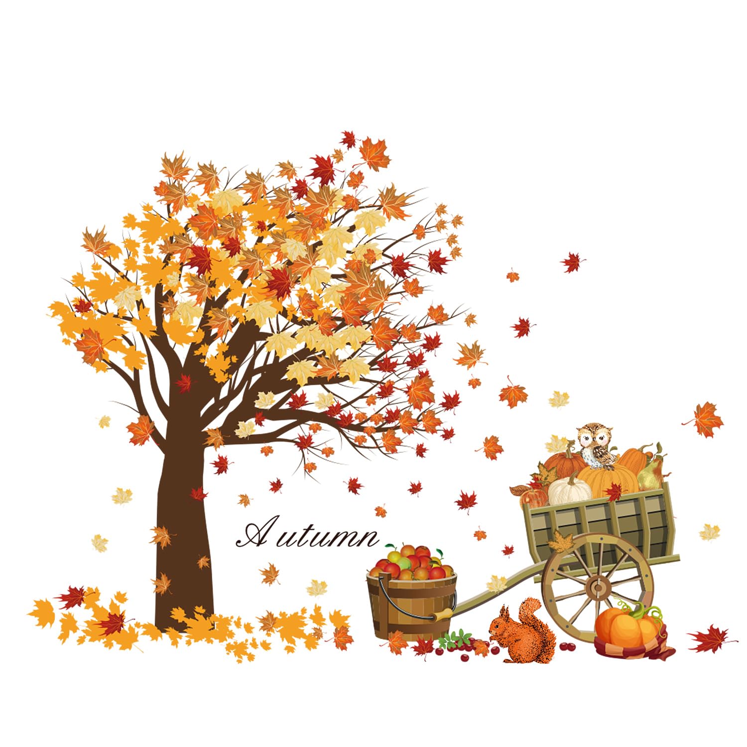 Fall Thanksgiving Wall Sticker Maple Leaves Wall Decals Autumn Harvest Pumpkins Wall Sticker Cute Animals Wall Art Decor for Thanksgiving Party Living Room