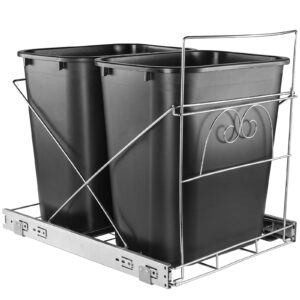 Pektiftn Double Pull Out Trash Can Under Cabinet, Under Sink Trash Can Pull Out Shelf Kit,Dual Compartment Slide Out Rack Rail for Kitchen Recycle Bins (Not Included Trash Can，Stainless Steel)