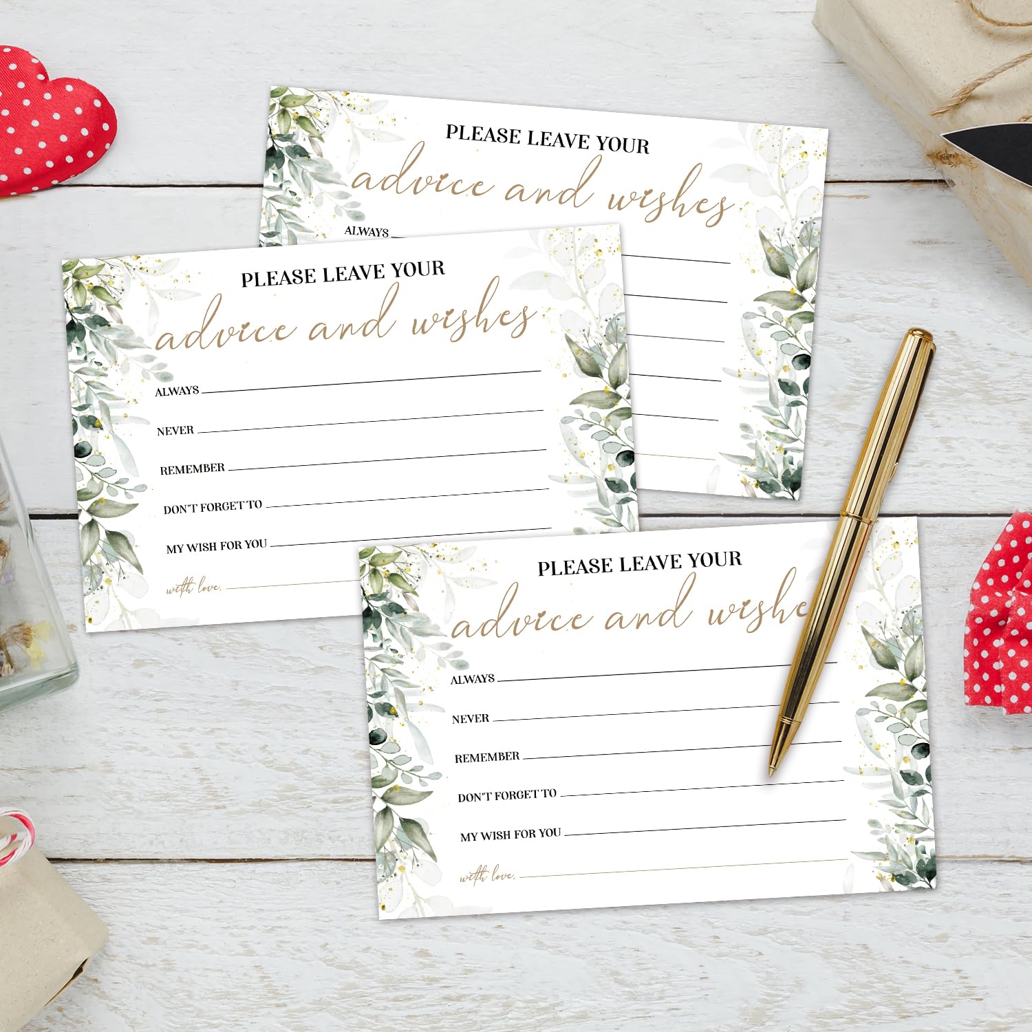 WwongxianB Set of 25 Eucalyptus Greenery Advice and Wishes Cards - Words of Wisdom Guest Book for Newlyweds Bridal Shower Wedding Retirement Grad Fill in Style Invites Cards -001