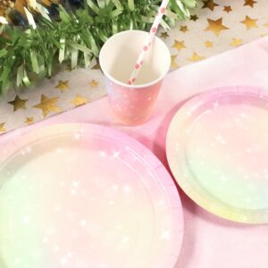 Pastel Birthday Party Supplies Decorations, Rainbow Theme Birthday Paper Plates and Napkins Set with Cups and Straws for 24 Guests, 120 Pcs Disposable Party Dessert Dinnerwares