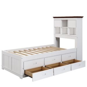 Twin Captain Bed with Trundle and Storage Drawers, Wood Platform Bed with Bookcase Headboard, White Bed Frame with Slat Support for Kids Boys Girls Teens