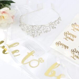 CIEHER Silver Tiara + Wedding Veil + Bride To Be Sash + Bachelorette Temporary Tattoos Set, Bachelorette Party Favors Bridal Shower Decorations