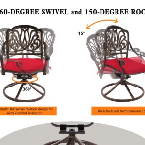 Grepatio 5 Piece Outdoor Dining Set Cast Aluminum Patio Dining Set Table and Chairs Outside Furniture 4 Swivel Chairs with Cushion and 1 Umbrella Round Dining Table for Lawn Garden Patio (Red)