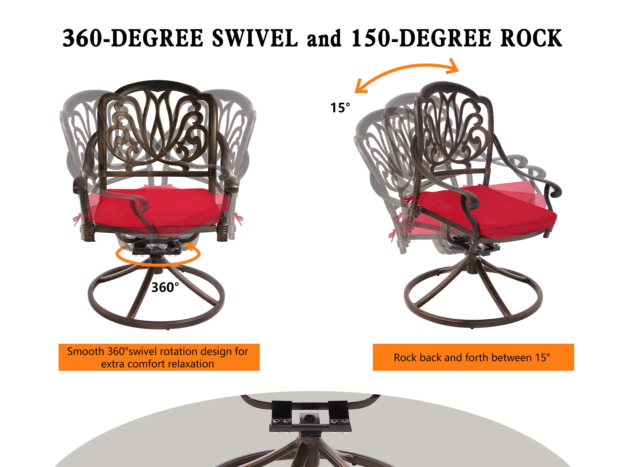 Grepatio 5 Piece Outdoor Dining Set Cast Aluminum Patio Dining Set Table and Chairs Outside Furniture 4 Swivel Chairs with Cushion and 1 Umbrella Round Dining Table for Lawn Garden Patio (Red)