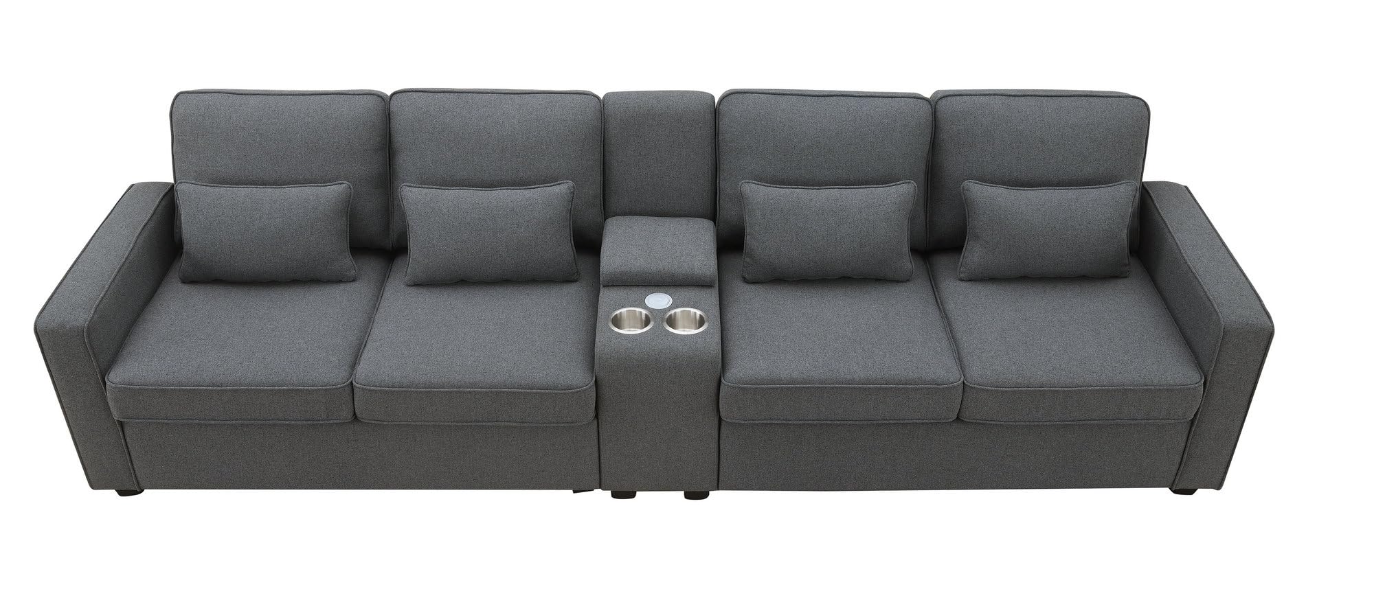 LUMISOL 4 Seater Upholstered Sofa for Living Room, Modern Multifunctional Sofa with Storageable Coffee Table and 2 Cupholders, Linen Fabric Couches with 2 USB Ports Wired or Wirelessly Charged