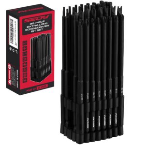 extra long security bit set" 32-piece s2 steel screwdriver drill bits for tamper-proof screws, 6" torx, pozidriv, spanner, tri-wing - universal 1/4" hex shank for electric, impact drills